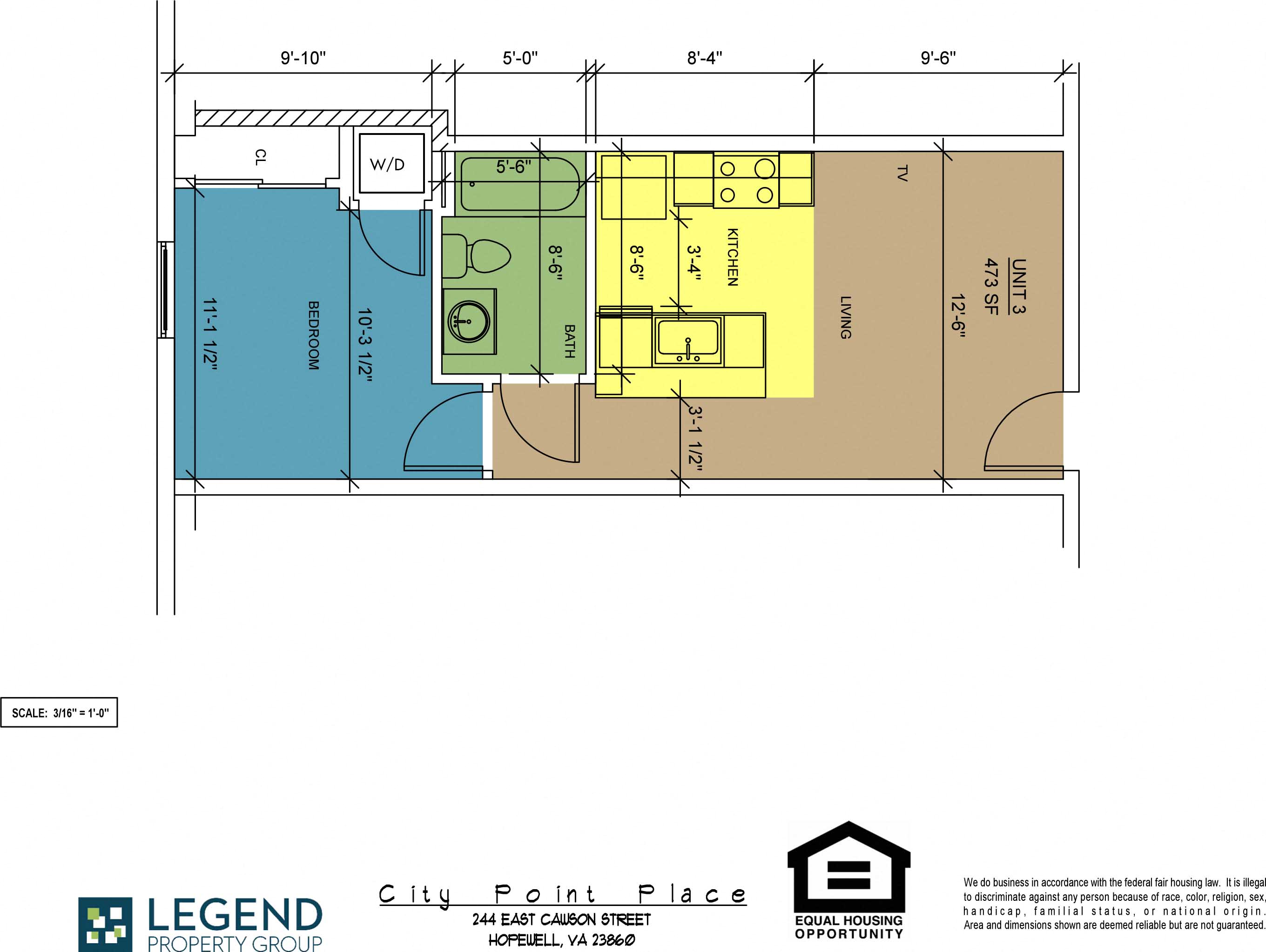 Floor plan for 1 bed, 1 bath, 473 sqft